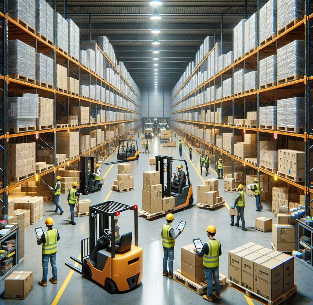 DALL·E 2024-06-11 10.12.14 - Inside an active distribution warehouse with workers in safety vests and helmets moving boxes and pallets. Forklifts are transporting goods, and shelv